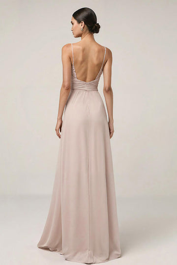 Robe longue formelle à bretelles spaghetti fourreau rose clair
